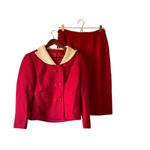 Vintage Red Wool Blend Skirt Suit Set Cream Collar Double Breasted Jacket Sm